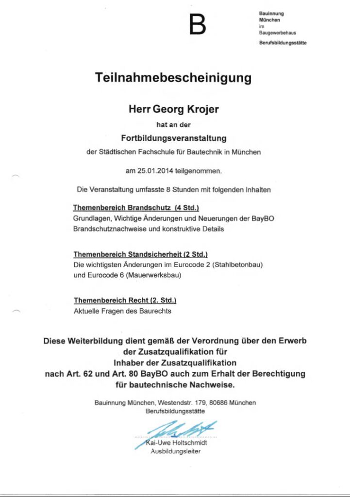 Krojer Bau Qualifikationsnachweis: Fortbildung Brandschutz