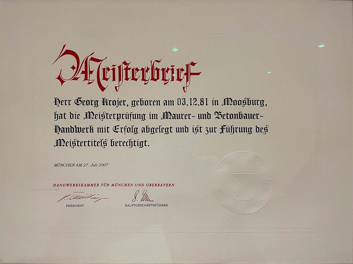 Krojer Bau Qualifikationsnachweis: Meisterbrief