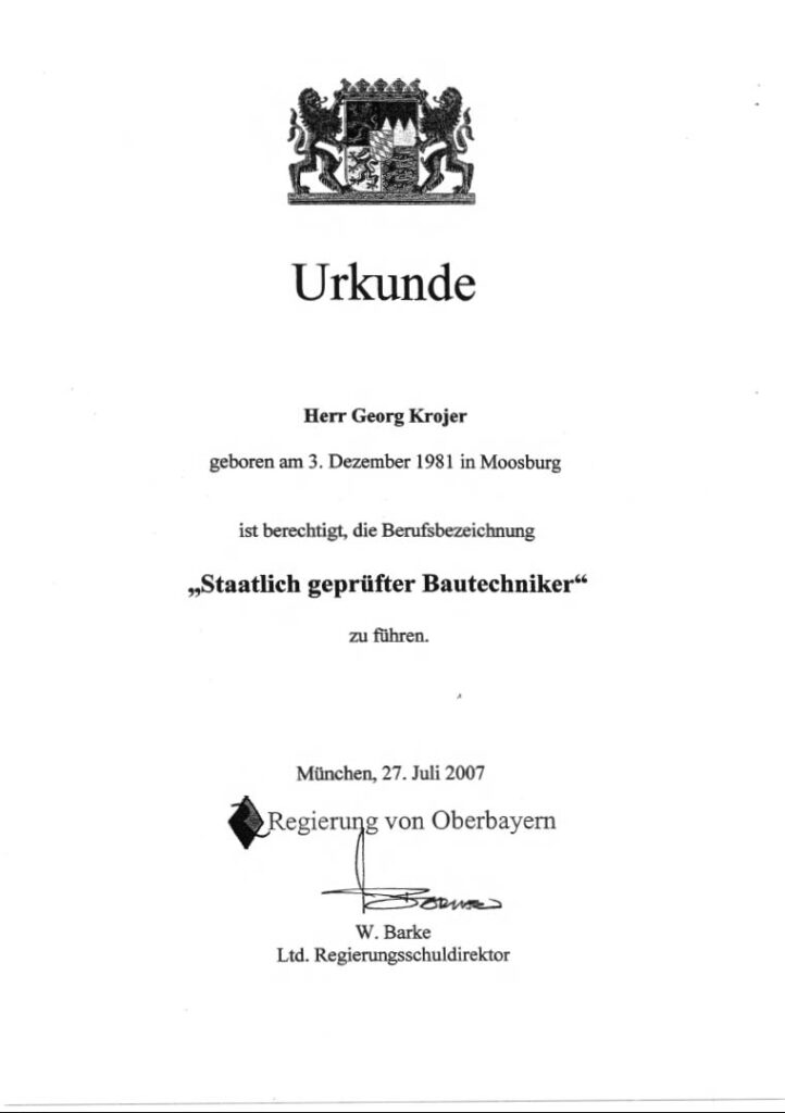 Krojer Bau Qualifikationsnachweis: Bautechniker-Urkunde